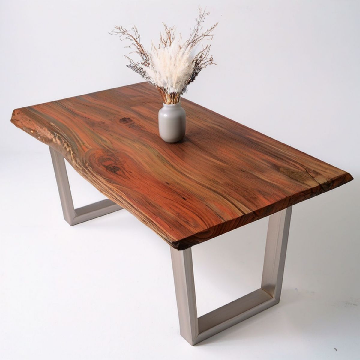 Rechteckiger Esstisch 180 x 90 x 76 cm aus massivem Akazienholz Braun mit Edelstahl-Kufengestell Silber